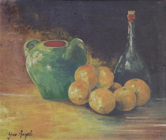 Gimo Angelo, oil on board, Still life of vessels and oranges, signed, 45 x 54cm